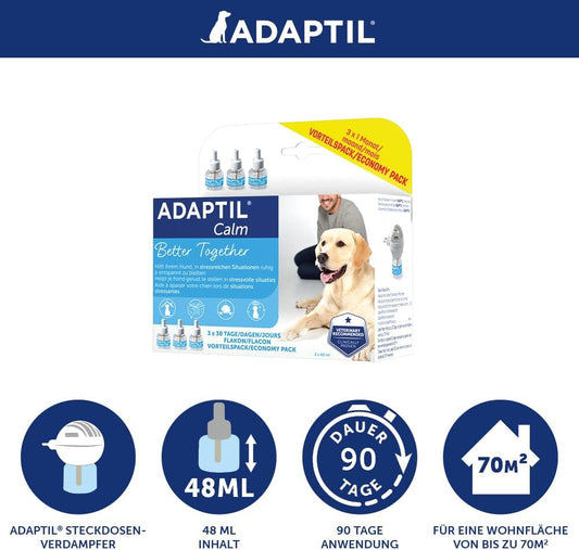 ADAPTIL Calm Nachfüller| Beruhigendes Produkt für Hunde | 3x48ml Nachfüllflakon | Anti-Stress für mehr Entspannung Zuhause | bis zu 3x30 Tage Anwendung | von Tierärzten empfohlen, klinisch getestet