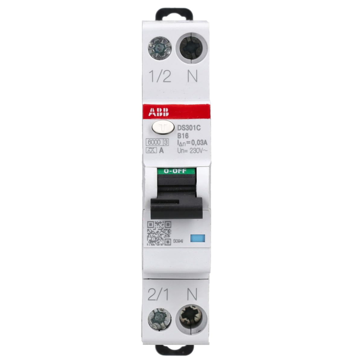 ABB DS301C B16 A30 RCBO – FI/LS-Schalter 16 A, 30 mA, 6 kA, B-Charakteristik, Typ A, 1P+N, 1 Teilungseinheit, Kombischalter für Hutschiene 2CSR255163R1165