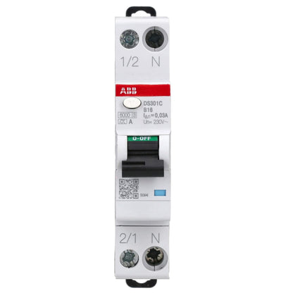 ABB DS301C B16 A30 RCBO – FI/LS-Schalter 16 A, 30 mA, 6 kA, B-Charakteristik, Typ A, 1P+N, 1 Teilungseinheit, Kombischalter für Hutschiene 2CSR255163R1165