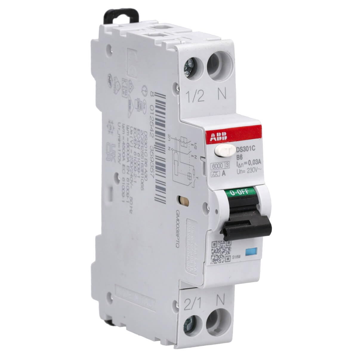 ABB DS301C B16 A30 RCBO – FI/LS-Schalter 16 A, 30 mA, 6 kA, B-Charakteristik, Typ A, 1P+N, 1 Teilungseinheit, Kombischalter für Hutschiene 2CSR255163R1165