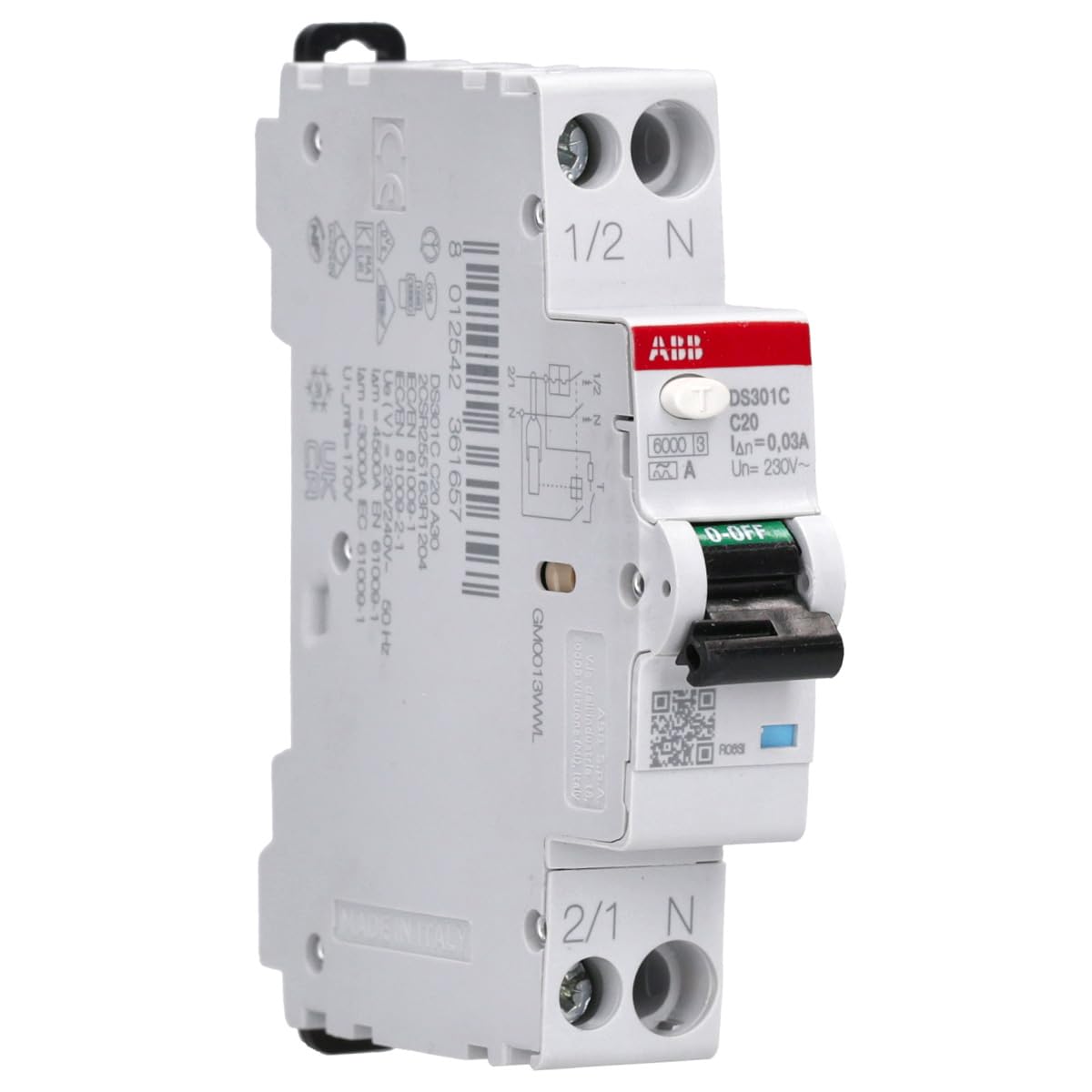ABB DS301C B16 A30 RCBO – FI/LS-Schalter 16 A, 30 mA, 6 kA, B-Charakteristik, Typ A, 1P+N, 1 Teilungseinheit, Kombischalter für Hutschiene 2CSR255163R1165