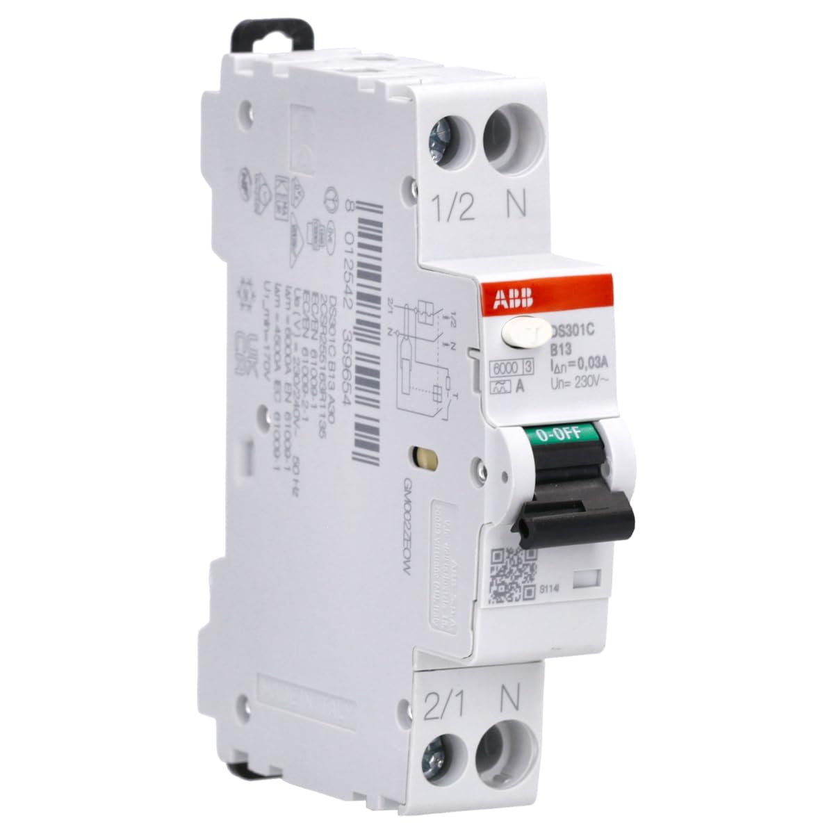 ABB DS301C B16 A30 RCBO – FI/LS-Schalter 16 A, 30 mA, 6 kA, B-Charakteristik, Typ A, 1P+N, 1 Teilungseinheit, Kombischalter für Hutschiene 2CSR255163R1165