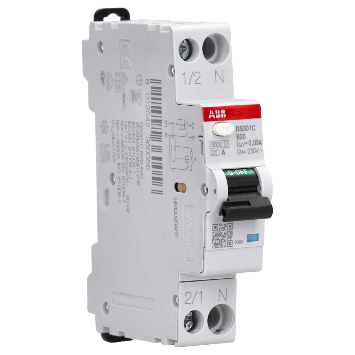 ABB DS301C B16 A30 RCBO – FI/LS-Schalter 16 A, 30 mA, 6 kA, B-Charakteristik, Typ A, 1P+N, 1 Teilungseinheit, Kombischalter für Hutschiene 2CSR255163R1165