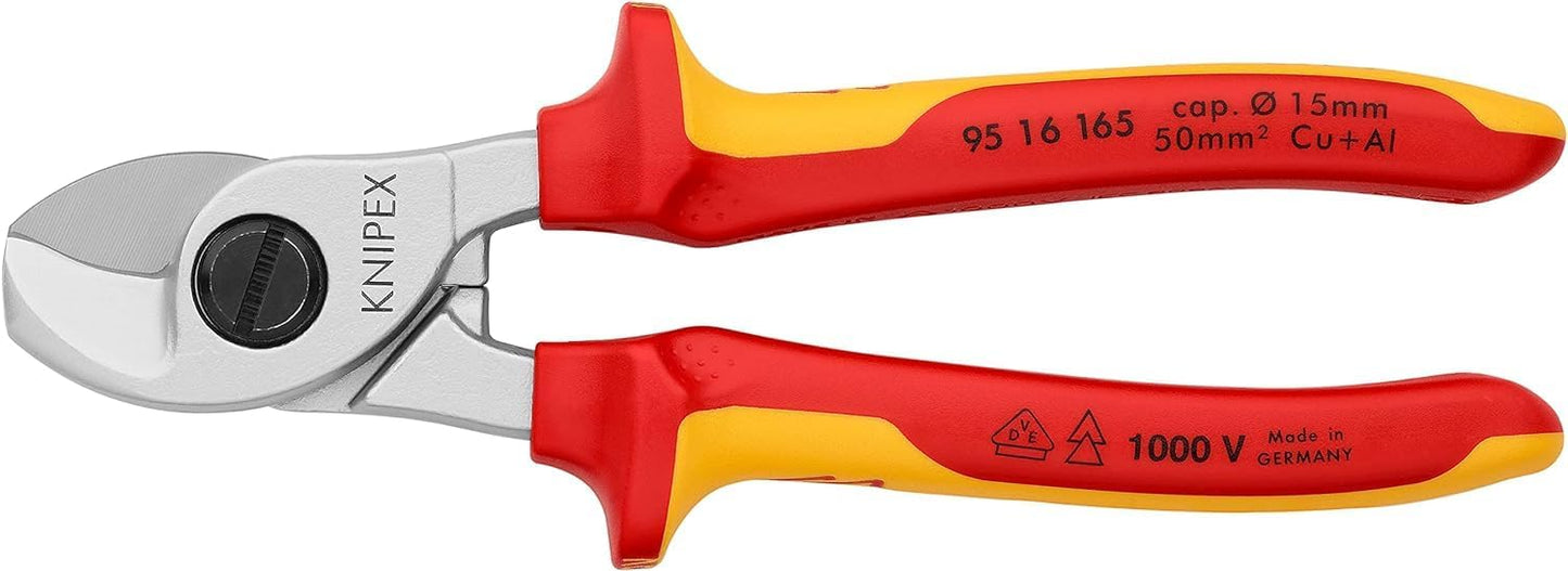 KNIPEX Kabelschere, 165 mm, VDE, für Cu- und AI-Kabel bis 15 mm (50 mm²), Einhandbedienung,Kabelschneider, 95 16 165