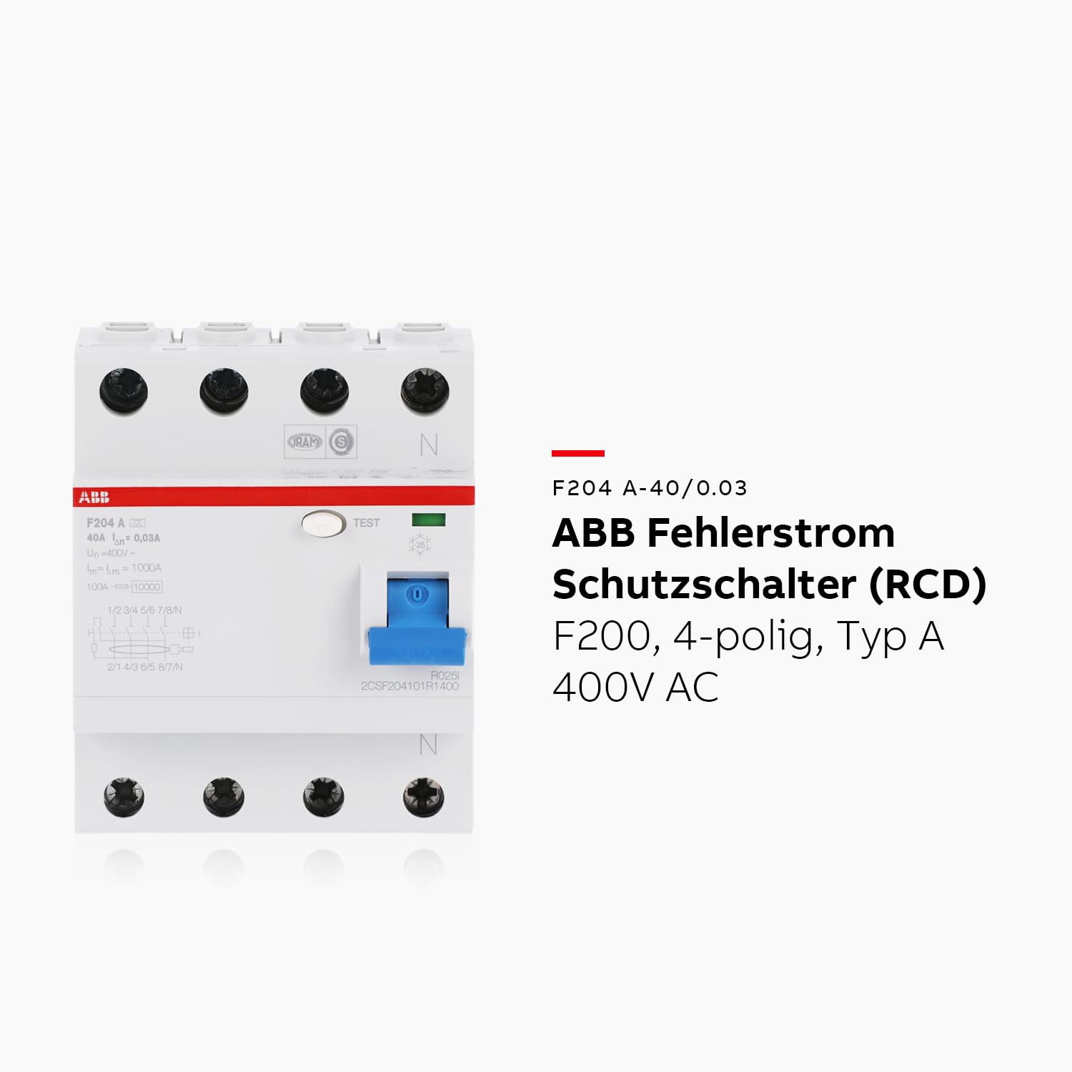 ABB F200 RCCB 4-polig, 40A, 30mA Typ A, 400V AC • Fehlerstrom-Schutzschalter • 4-polig für DIN-Schiene • Leitungsschutzschalter • FI-Schutzschalter • 2CSF204101R1400
