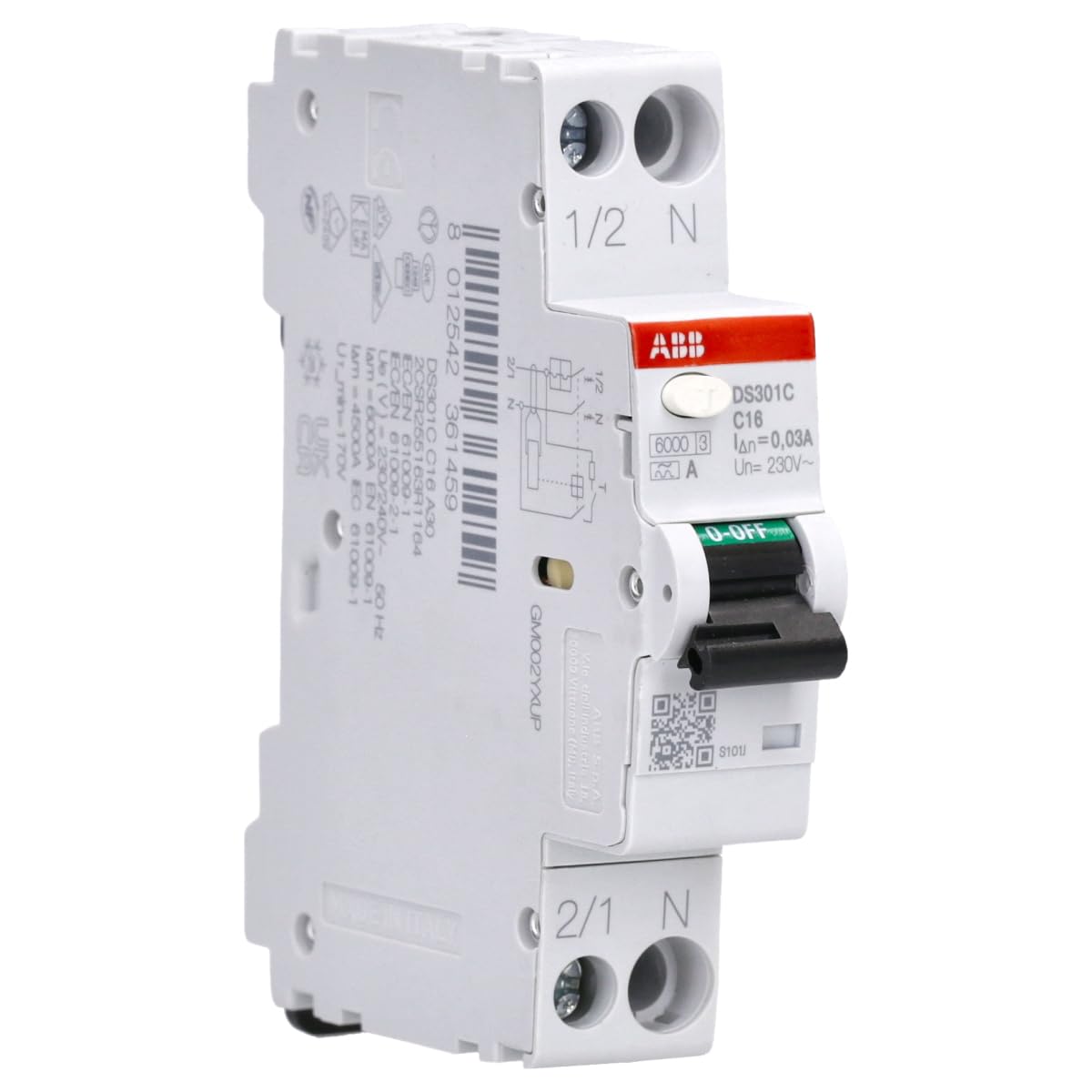 ABB DS301C B16 A30 RCBO – FI/LS-Schalter 16 A, 30 mA, 6 kA, B-Charakteristik, Typ A, 1P+N, 1 Teilungseinheit, Kombischalter für Hutschiene 2CSR255163R1165