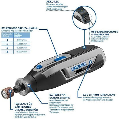 Dremel Lite 7760 Akku Multifunktionswerkzeug 3.6V, Set Mit 15 Zubehörteilen