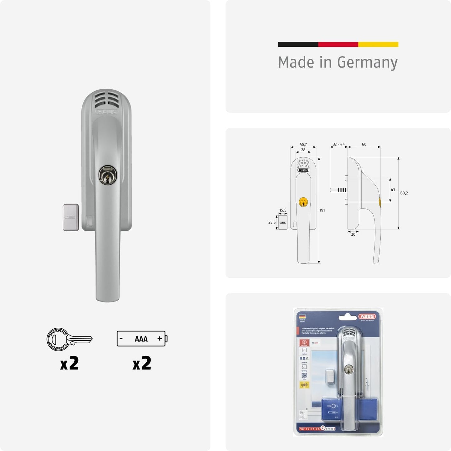 ABUS Abschließbarer Fenstergriff FG300A Fensterknauf Druckzylinder 71907 Silber