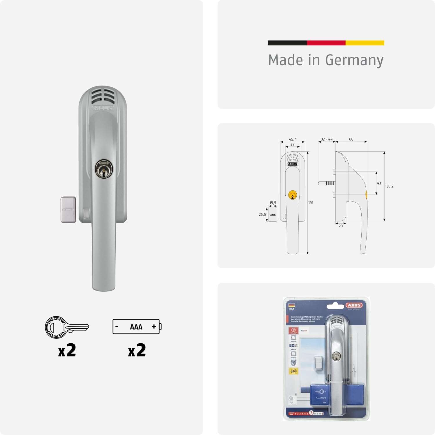 ABUS Abschließbarer Fenstergriff FG300A Fensterknauf Druckzylinder 71907 Silber
