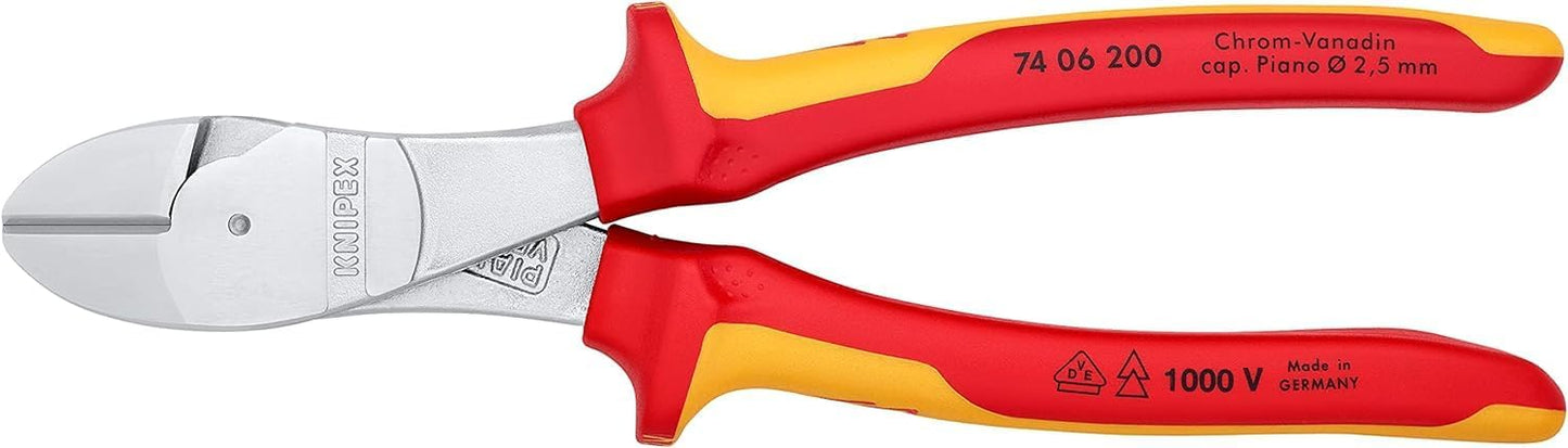KNIPEX Kraft-Seitenschneider, verchromt, 200 mm, VDE, Chrom-Vanadium Stahl, für Pianodraht, Präzisionsschneiden, geringer Kraftaufwand, 74 06 200