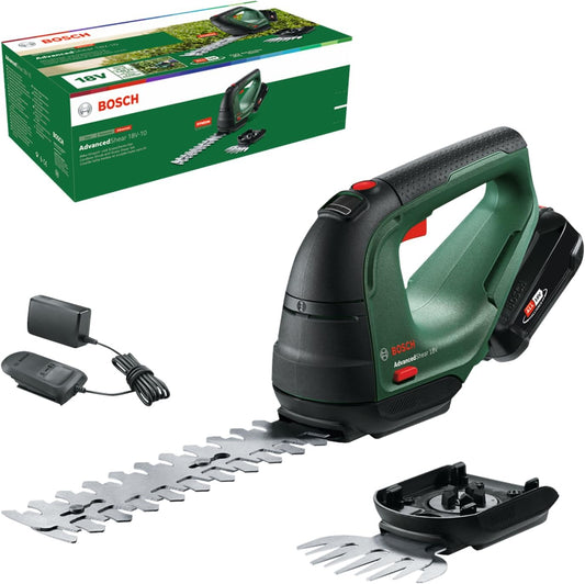 Bosch Akku Grasschere AdvancedShear 18V-10 (1 Akku 2,0 Ah, 18-Volt-System, schneidet bis zu 85 m² pro Akkuladung, mit Strauch- und Grasscherenmesser, im Karton)