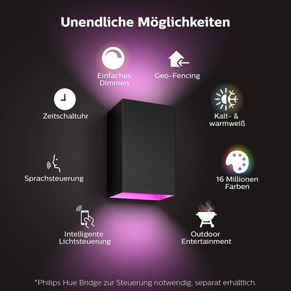 Philips Hue White & Color Ambiance Resonate Outdoor Wandleuchte (1.180 lm), dimmbare Außenleuchte für das Hue Lichtsystem mit 16 Mio. Farben, smarte Lichtsteuerung über Sprache oder App, schwarz