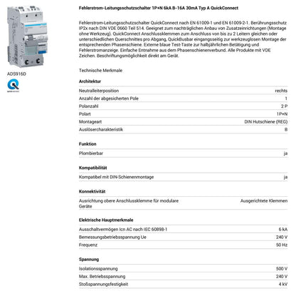 Hager ADS916D Fehlerstrom-LS-Schalter B, 2-Polig 1-Polig geschützt, 16A, 30mA