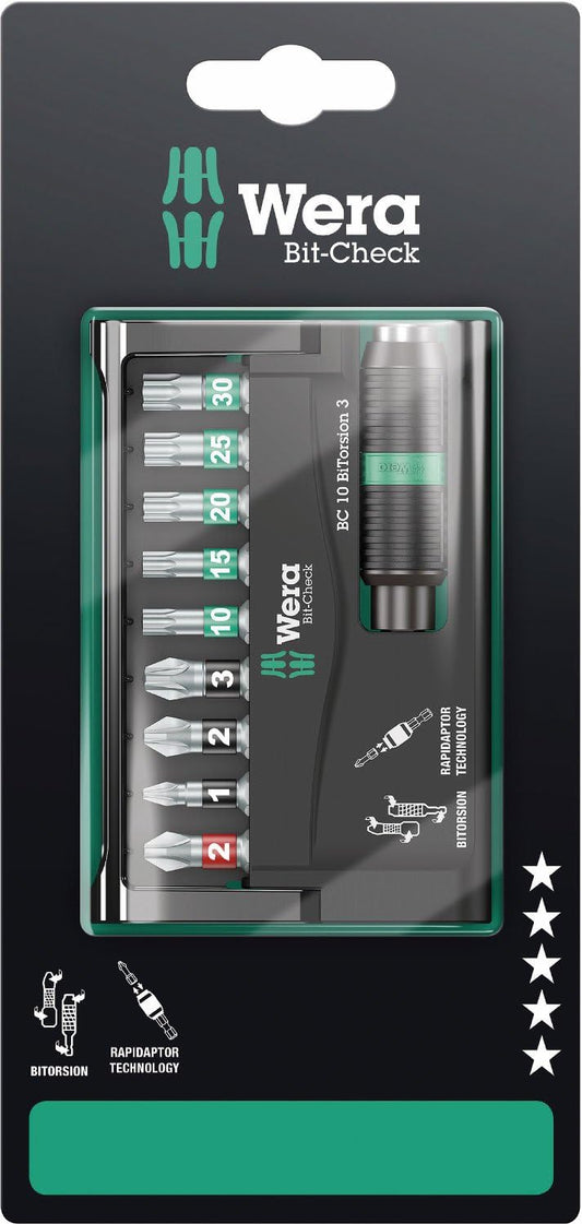 Wera Bit-Sortiment, Bit-Check 10 BiTorsion 3 SB, 10-teilig, 05073418001, 18 x 7.5 x 0.4 cm