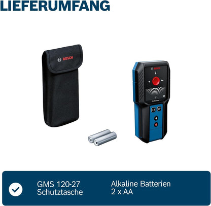 Bosch Professional Ortungsgerät GMS 120-27 (2xAA Batterien, max. Detektionstiefe Nicht-magnetisches Metall/magnetisches Metall/Spannungsführende Leitungen/Holz: 120/100/50/30 mm, Schutztasche)