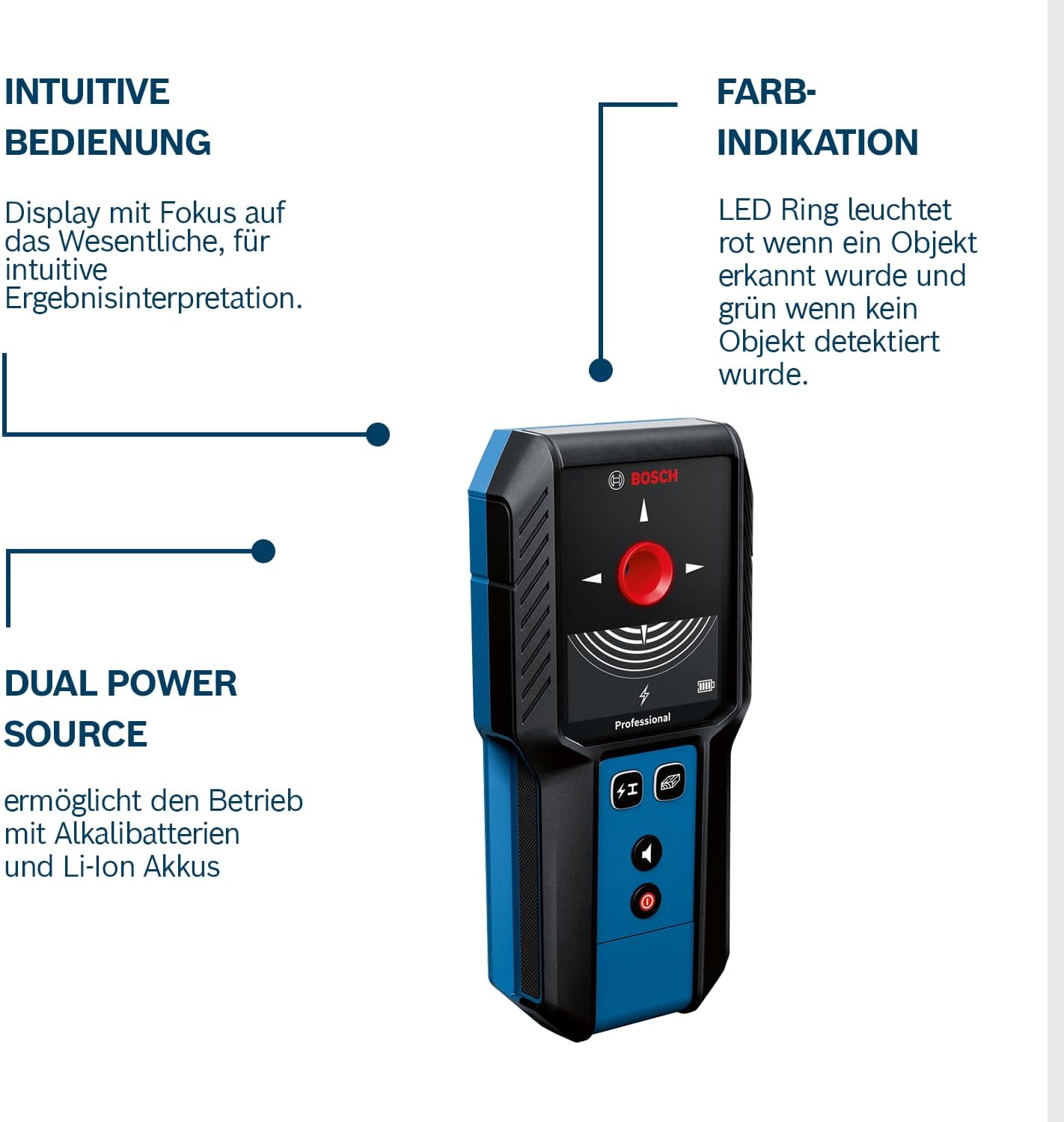 Bosch Professional Ortungsgerät GMS 120-27 (2xAA Batterien, max. Detektionstiefe Nicht-magnetisches Metall/magnetisches Metall/Spannungsführende Leitungen/Holz: 120/100/50/30 mm, Schutztasche)