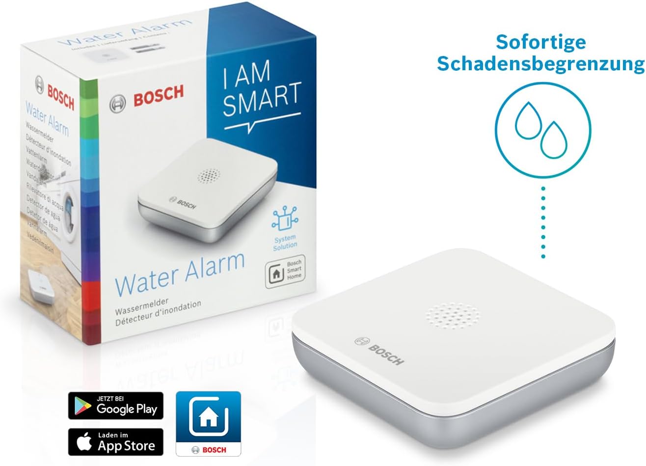 Bosch Smart Home Wassermelder, Mit Notrufschnellwahl in Der App, Rutschfest