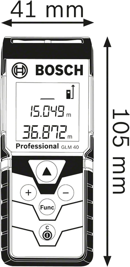 Bosch Professional Laser Entfernungsmesser GLM 40 (Flächen-/Volumenberechnung, max. Messbereich: 40 m, 2X 1,5-V Batterien, Schutztasche)