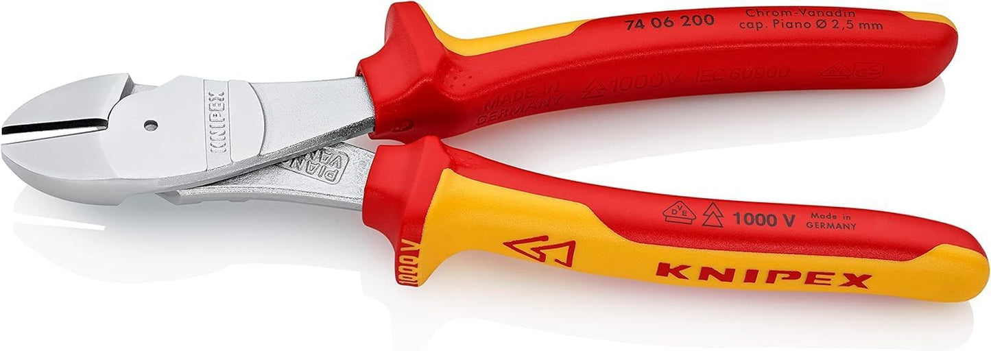 KNIPEX Kraft-Seitenschneider, verchromt, 200 mm, VDE, Chrom-Vanadium Stahl, für Pianodraht, Präzisionsschneiden, geringer Kraftaufwand, 74 06 200