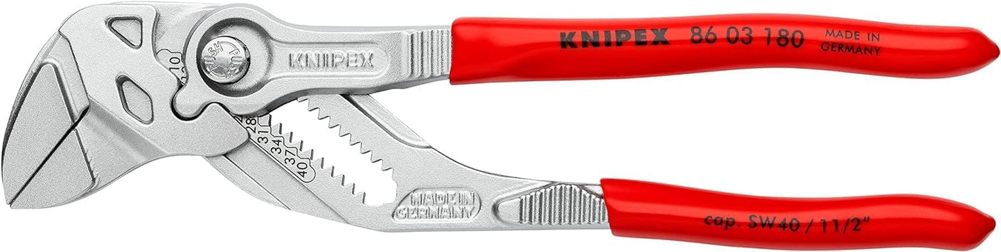 KNIPEX Zangenschlüssel Zange und Schraubenschlüssel in einem Werkzeug auf SB-Karte verchromt mit Kunststoff überzogen 180 mm, 86 03 180 SB