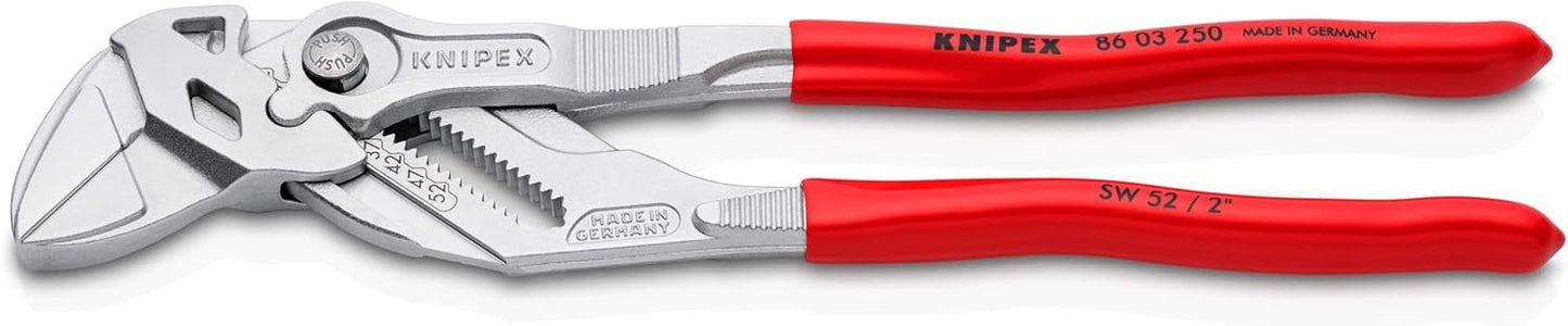 KNIPEX Zangenschlüssel, verchromt, 250 mm, greift stufenlos bis 52 mm, Feinverstellung per Knopfdruck, Schraubenschlüssel, Armaturenzange, 86 03 250
