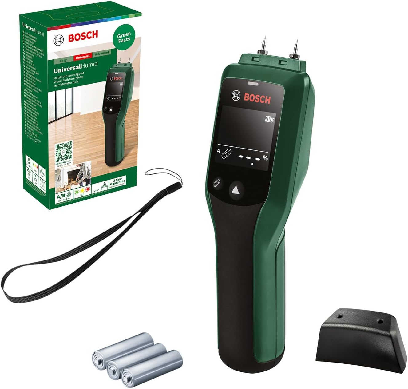 Bosch Holzfeuchtigkeitsmessgerät UniversalHumid (präzise Ergebnisse dank Holzgruppenauswahl und LED-Ampel zur einfachen Interpretation, im Karton)