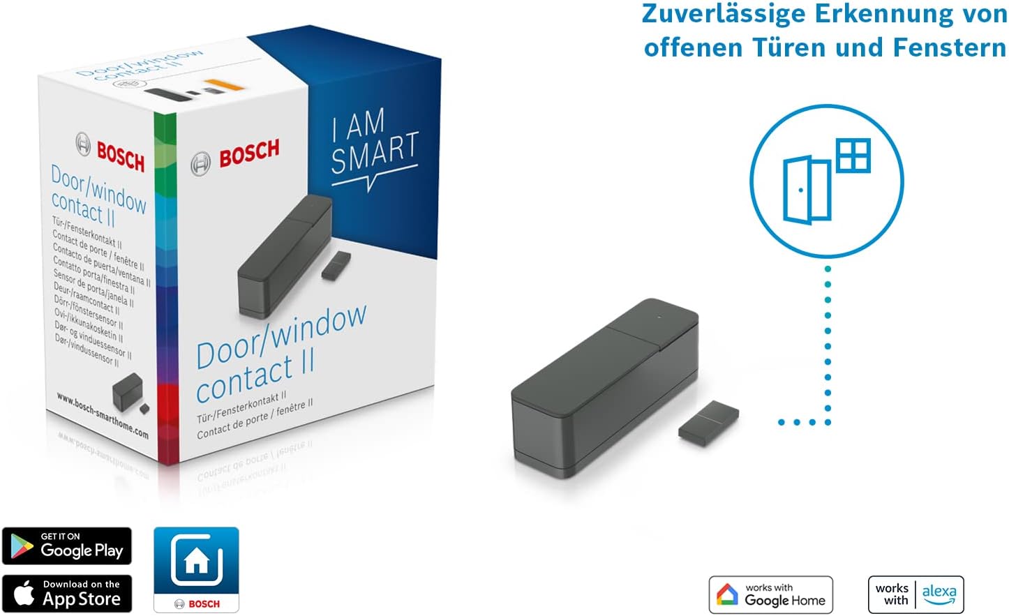 Bosch Smart Home Tür-/Fensterkontakt II, Smarter Sensor zum energieeffizienten Heizen, kompatibel mit Amazon Alexa und Google Assistant, anthrazit