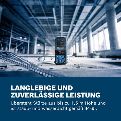 Bosch Professional Laser-Entfernungsmesser GLM 40-31 (IP 65, stoßdämpfendes Gehäuse, 7 Messmodi, automatische Berechnungen für Länge/Fläche/Volumen, helles Farbdisplay, mit Li-Ionen-Akku kompatibel)