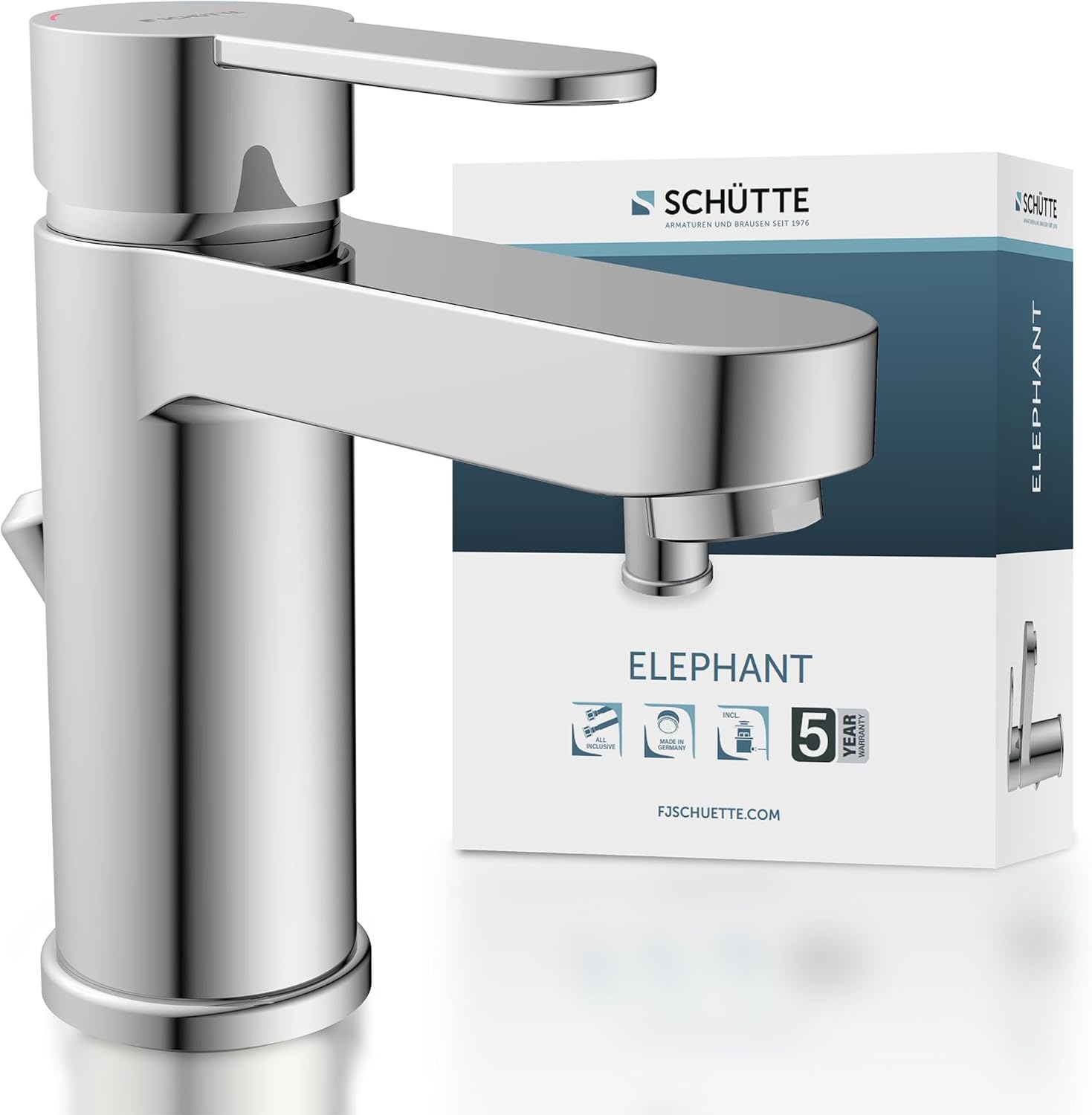 Schütte ELEPHANT Waschtischarmatur, Elegante Mischbatterie Inkl. Ablaufventil Fürs Badezimmer, Wasserhahn Bad Mit Exzenter-Gestänge, Badarmatur Waschbecken Chrom, 34210