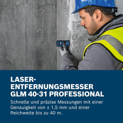 Bosch Professional Laser-Entfernungsmesser GLM 40-31 (IP 65, stoßdämpfendes Gehäuse, 7 Messmodi, automatische Berechnungen für Länge/Fläche/Volumen, helles Farbdisplay, mit Li-Ionen-Akku kompatibel)