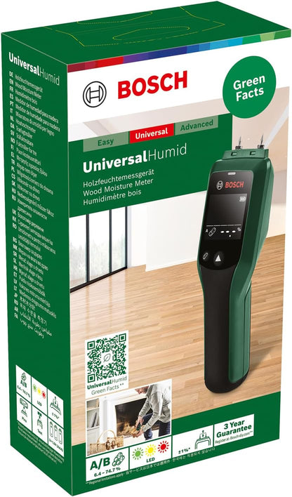 Bosch Holzfeuchtigkeitsmessgerät UniversalHumid (präzise Ergebnisse dank Holzgruppenauswahl und LED-Ampel zur einfachen Interpretation, im Karton)