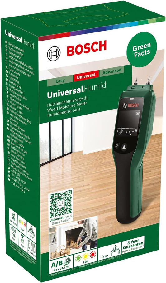Bosch Holzfeuchtigkeitsmessgerät UniversalHumid (präzise Ergebnisse dank Holzgruppenauswahl und LED-Ampel zur einfachen Interpretation, im Karton)