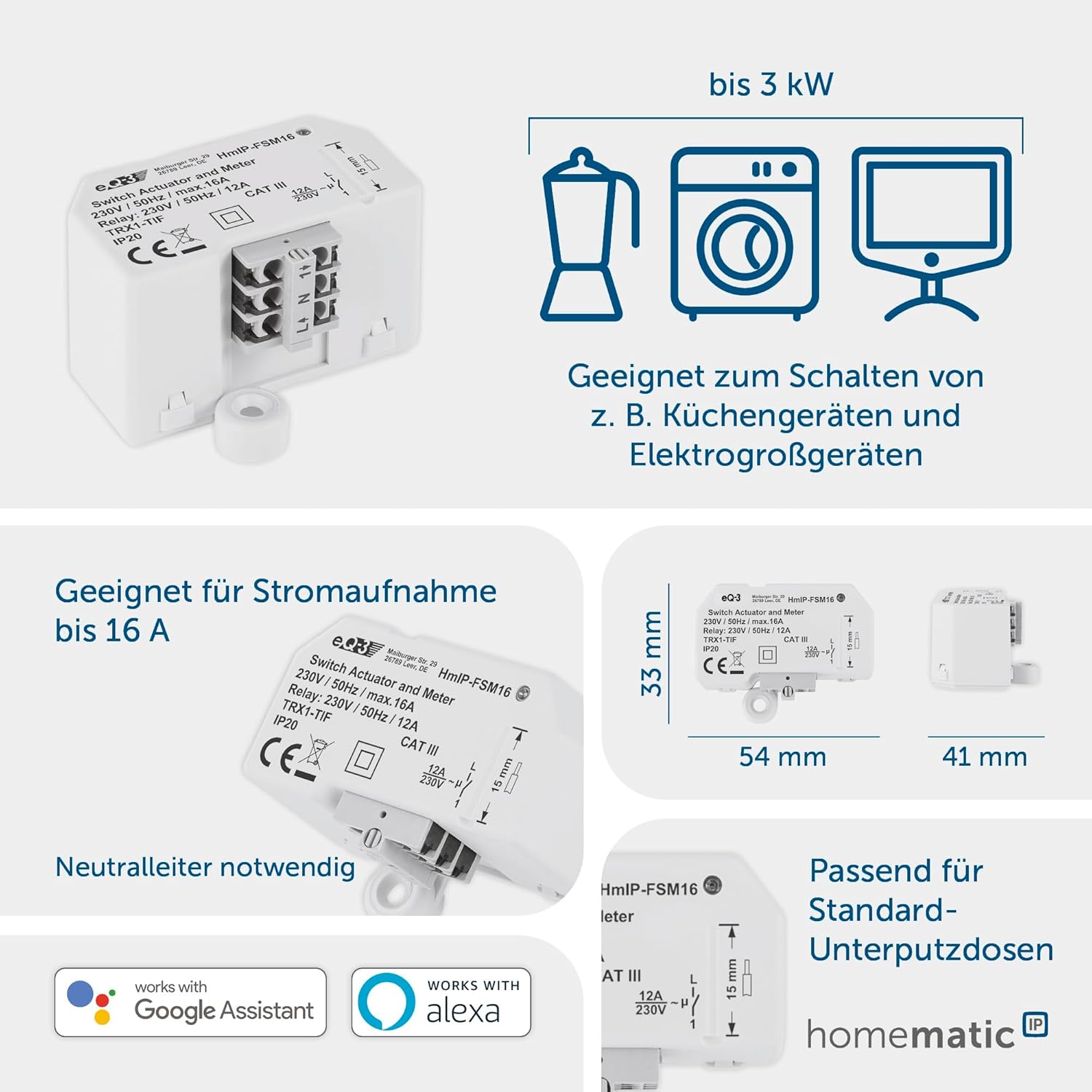 Homematic IP Smart Home Schalt-Mess-Aktor (16 A) – Unterputz, 150239A0