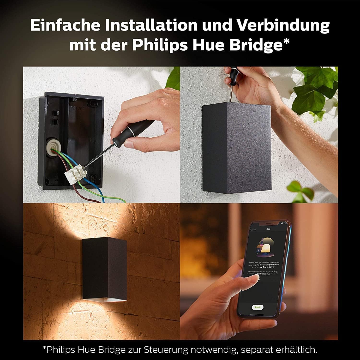 Philips Hue White & Color Ambiance Resonate Outdoor Wandleuchte (1.180 lm), dimmbare Außenleuchte für das Hue Lichtsystem mit 16 Mio. Farben, smarte Lichtsteuerung über Sprache oder App, schwarz