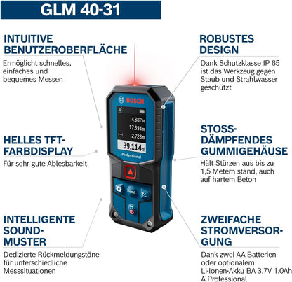 Bosch Professional Laser-Entfernungsmesser GLM 40-31 (IP 65, stoßdämpfendes Gehäuse, 7 Messmodi, automatische Berechnungen für Länge/Fläche/Volumen, helles Farbdisplay, mit Li-Ionen-Akku kompatibel)