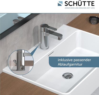 Schütte ELEPHANT Waschtischarmatur, Elegante Mischbatterie Inkl. Ablaufventil Fürs Badezimmer, Wasserhahn Bad Mit Exzenter-Gestänge, Badarmatur Waschbecken Chrom, 34210