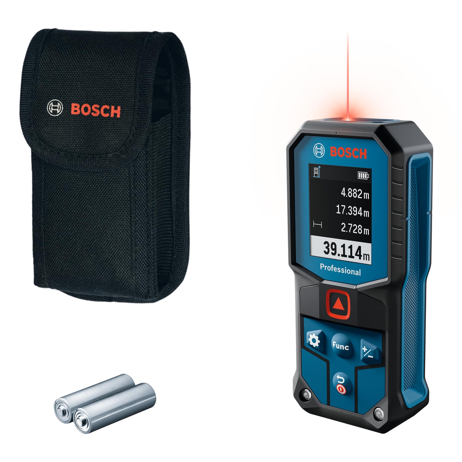 Bosch Professional Laser Entfernungsmesser GLM 40 (Flächen-/Volumenberechnung, max. Messbereich: 40 m, 2X 1,5-V Batterien, Schutztasche)