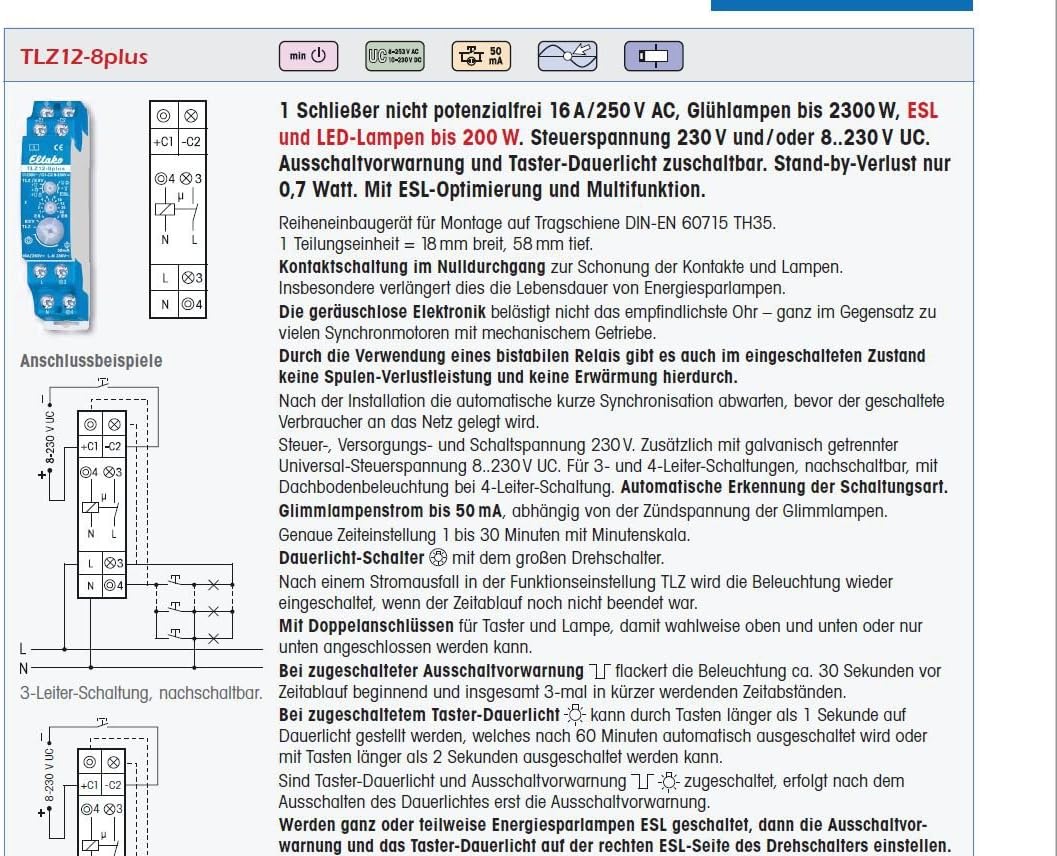 Eltako TLZ12-8PLUS 23100832 Treppenlicht-Zeitschalter, 250 V, Blau, Normal
