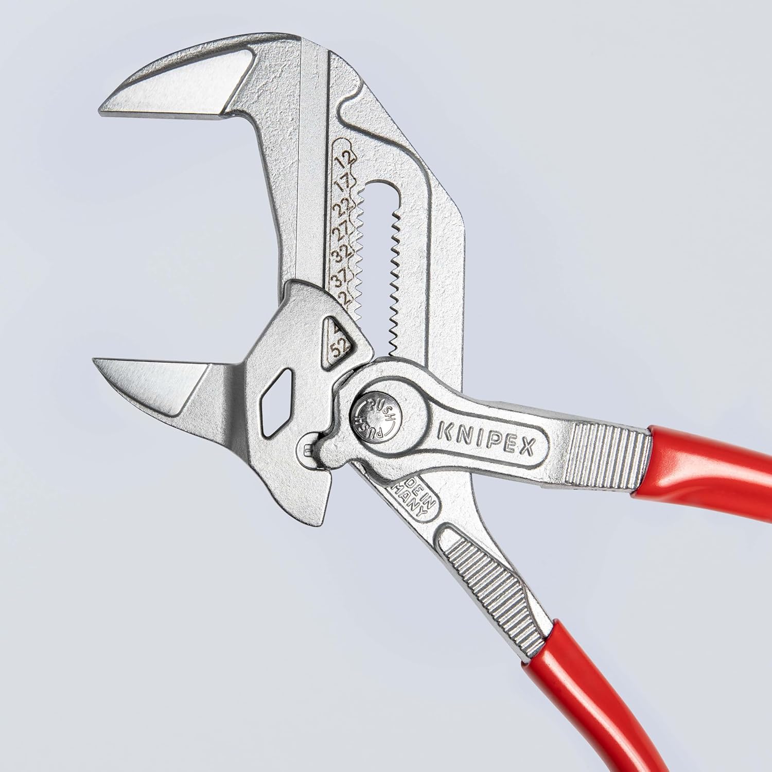 KNIPEX Zangenschlüssel, verchromt, 250 mm, greift stufenlos bis 52 mm, Feinverstellung per Knopfdruck, Schraubenschlüssel, Armaturenzange, 86 03 250