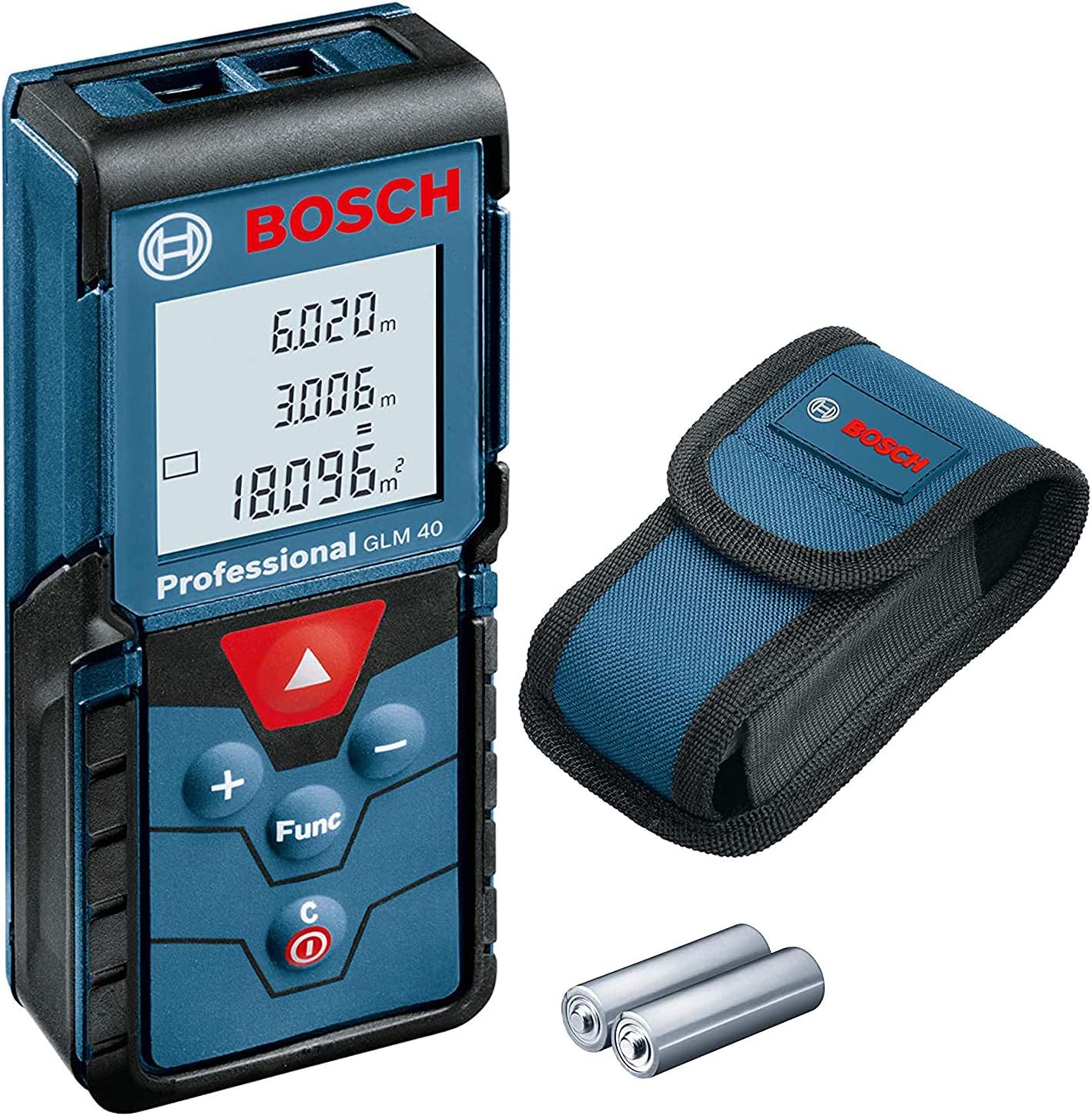 Bosch Professional Laser Entfernungsmesser GLM 40 (Flächen-/Volumenberechnung, max. Messbereich: 40 m, 2X 1,5-V Batterien, Schutztasche)