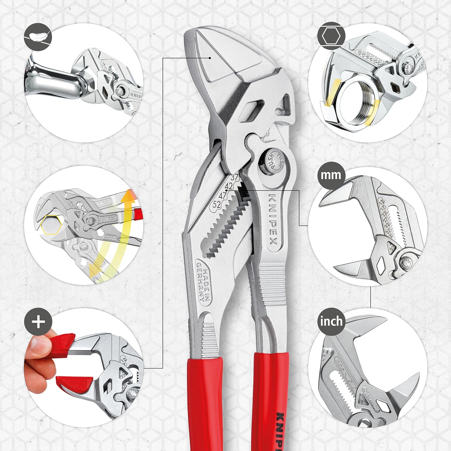 KNIPEX Zangenschlüssel, verchromt, 250 mm, greift stufenlos bis 52 mm, Feinverstellung per Knopfdruck, Schraubenschlüssel, Armaturenzange, 86 03 250