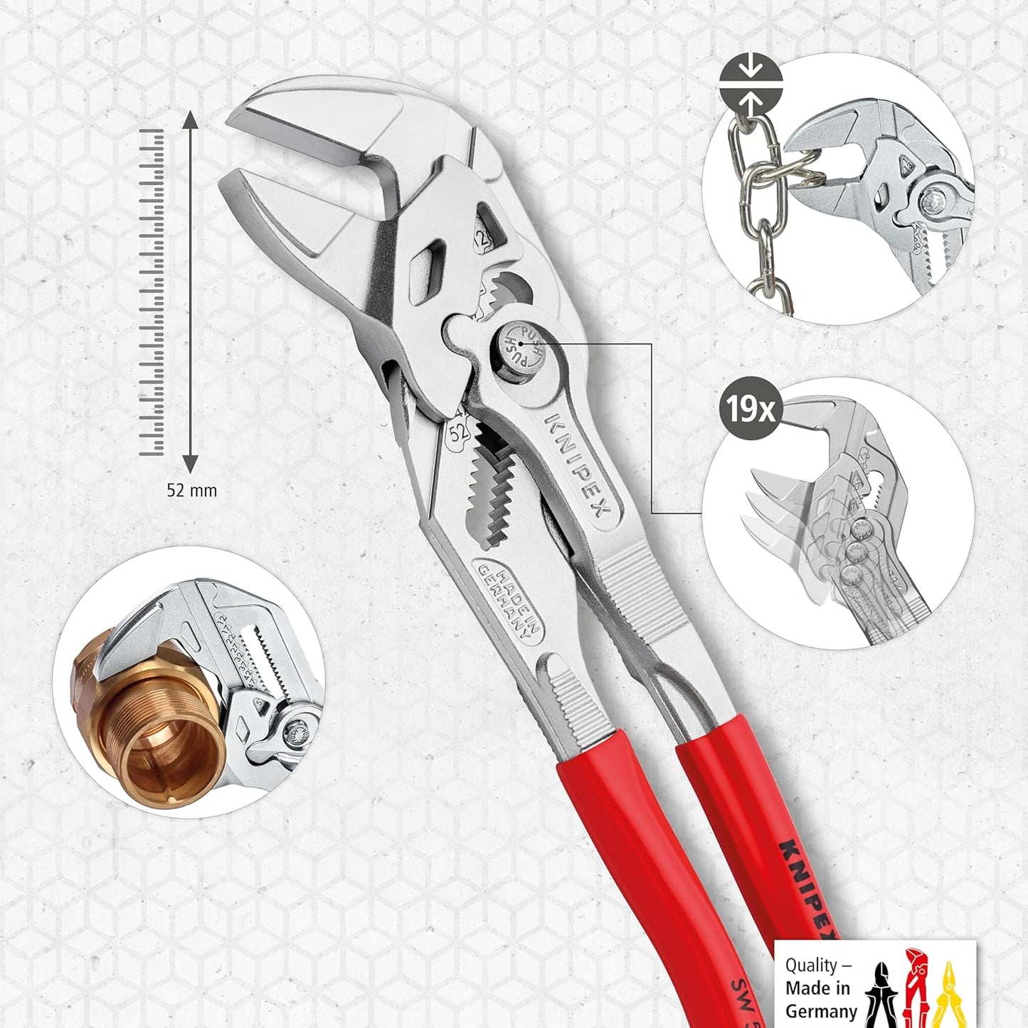 KNIPEX Zangenschlüssel, verchromt, 250 mm, greift stufenlos bis 52 mm, Feinverstellung per Knopfdruck, Schraubenschlüssel, Armaturenzange, 86 03 250